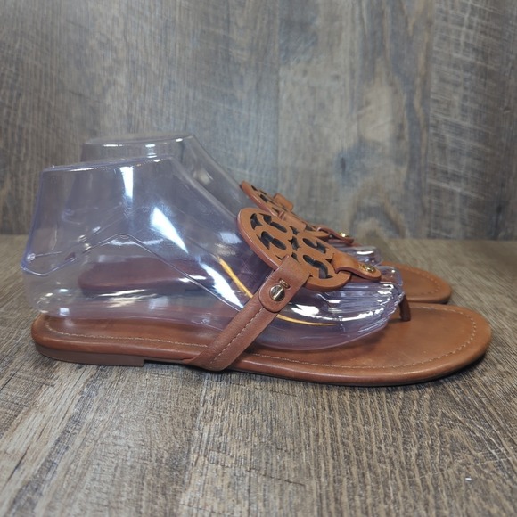 Tory Burch Miller Sandals Vintage Vachetta Tan Leather Medallion Logo Size 9 - Picture 2 of 14